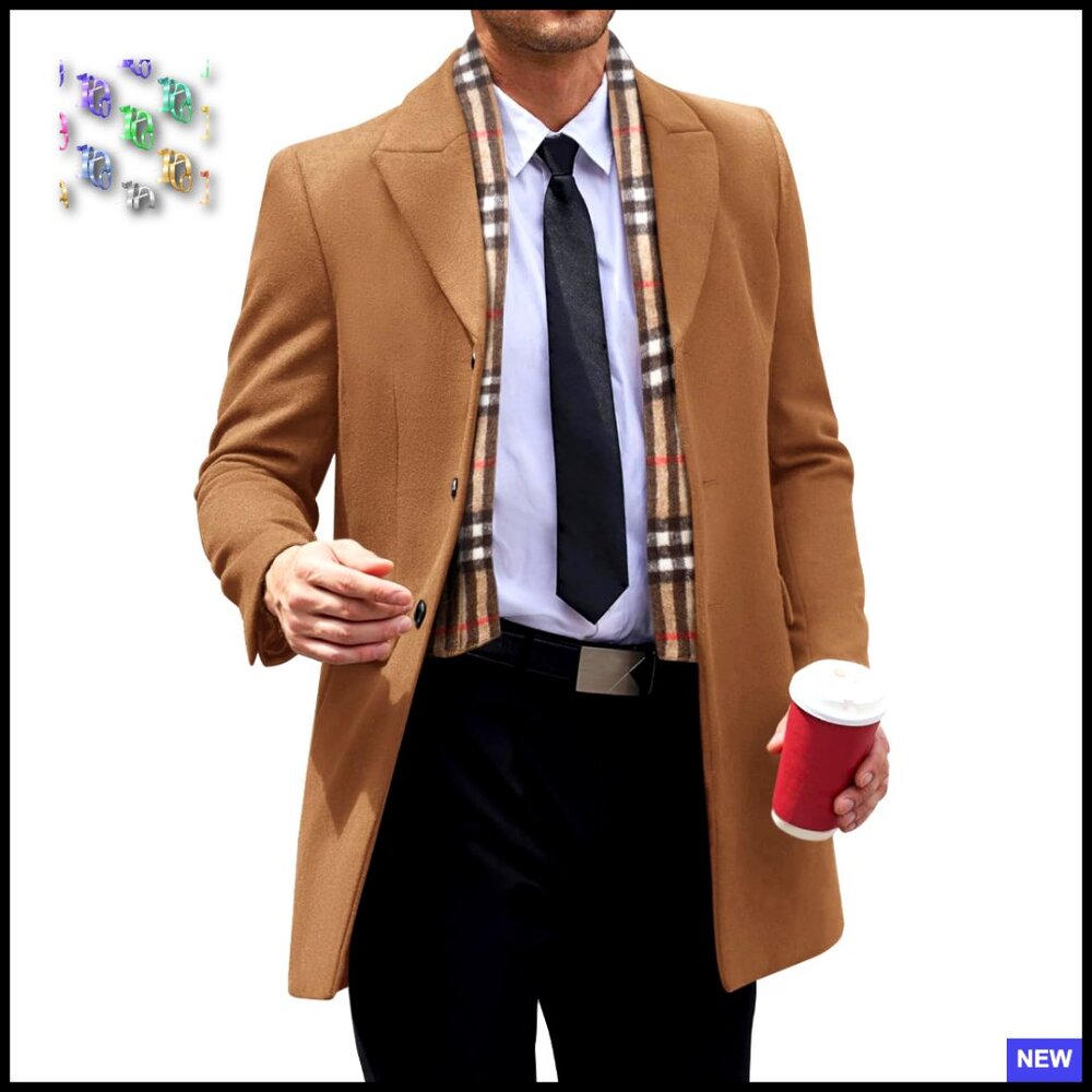 Classic Wool Blend Pea Coat With Detachable Plaid Scarf Winter Overcoat